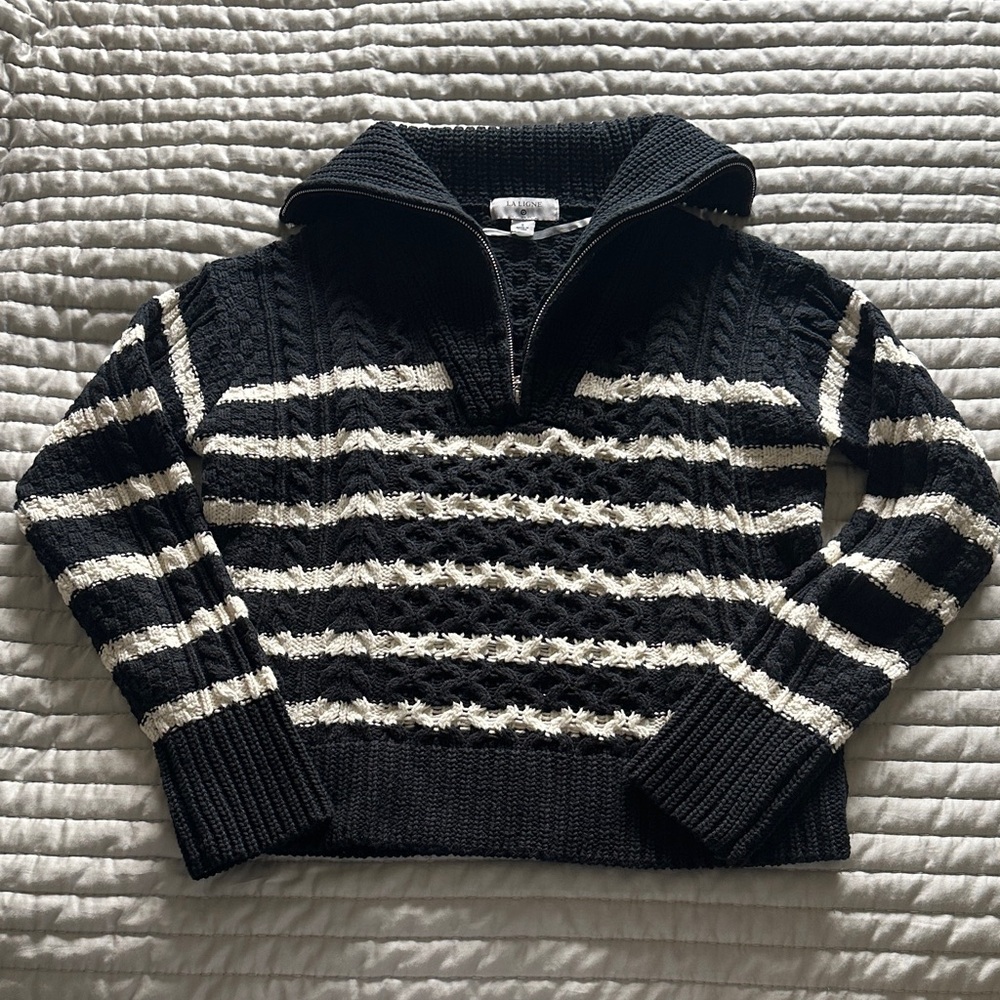 La Ligne x Target Quarter Zip Striped Cable Knit Sweater Small